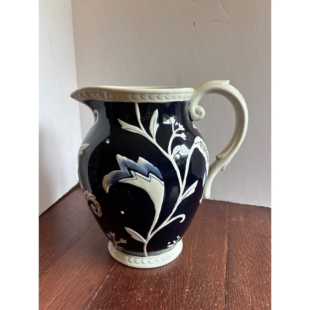 Fitz and Floyd Bristol Pitcher Navy Blue White Floral Ceramic 20-674 9 Inch